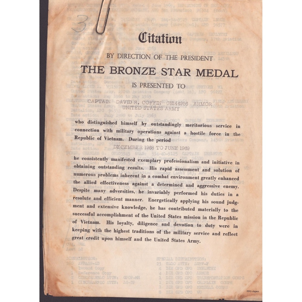 1969 Bronze Star Medal Citation Captain David R. Coffin US Army Vietnam War - Picture 1 of 3